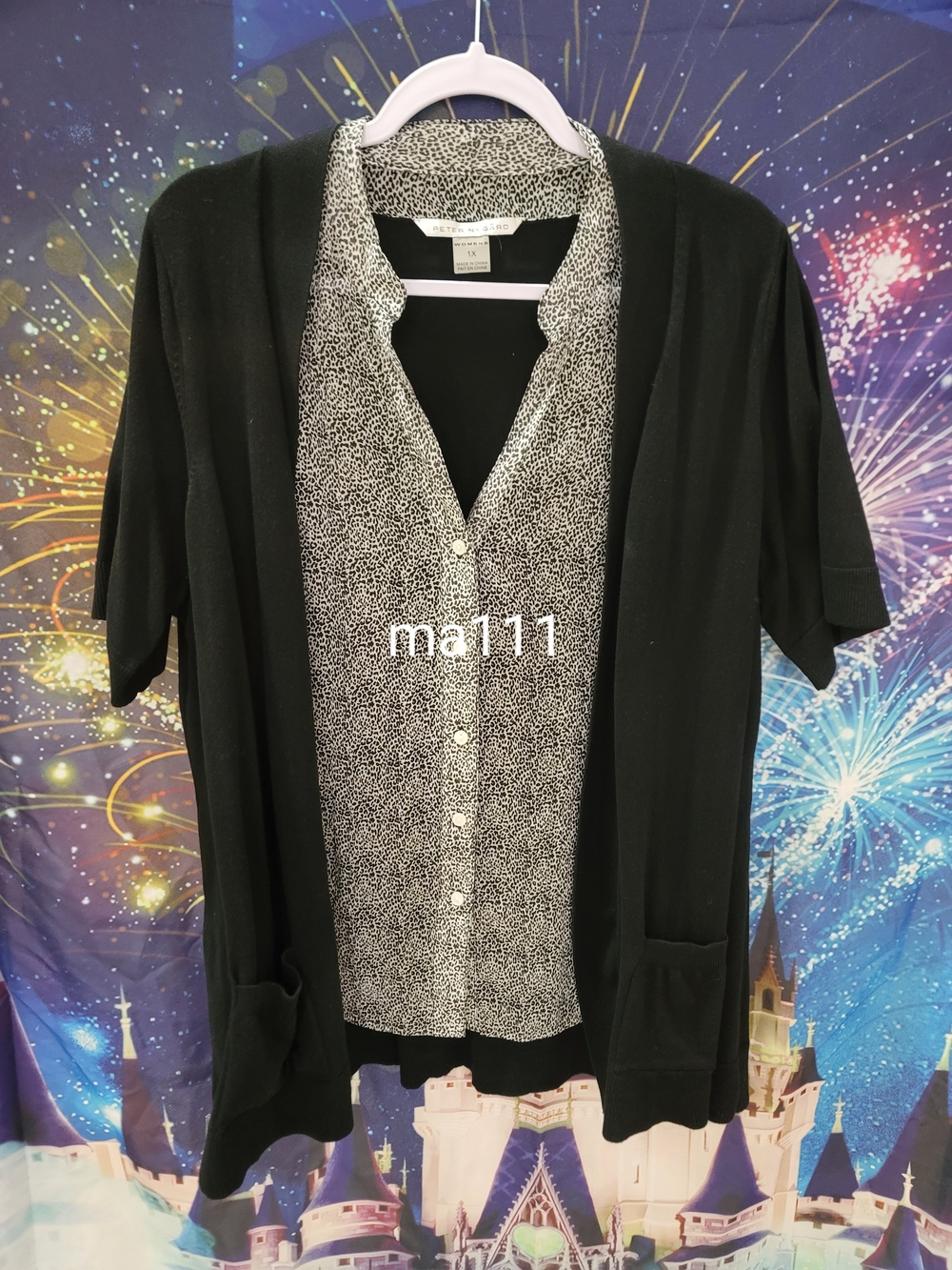 Peter Nygård Black and White Micro Leopard Print Button-Up Blouse